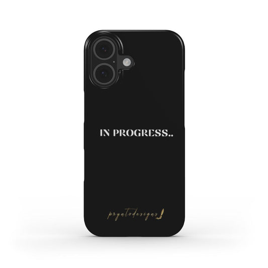 Black phone case with dual camera cutouts and centered 'In progress' lettering