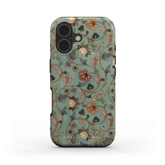 Floral phone case with mint botanical pattern and multicolor flowers, camera lenses visible