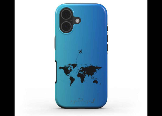 Blue phone case with world map and airplane graphic, side openings visible