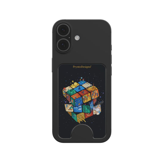 Dark magnetic wallet phone case back with dual cameras and cosmic cube wallet panel