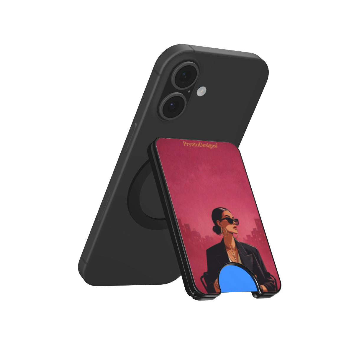 Magnetic card wallet with burgundy girl print and blue kickstand base