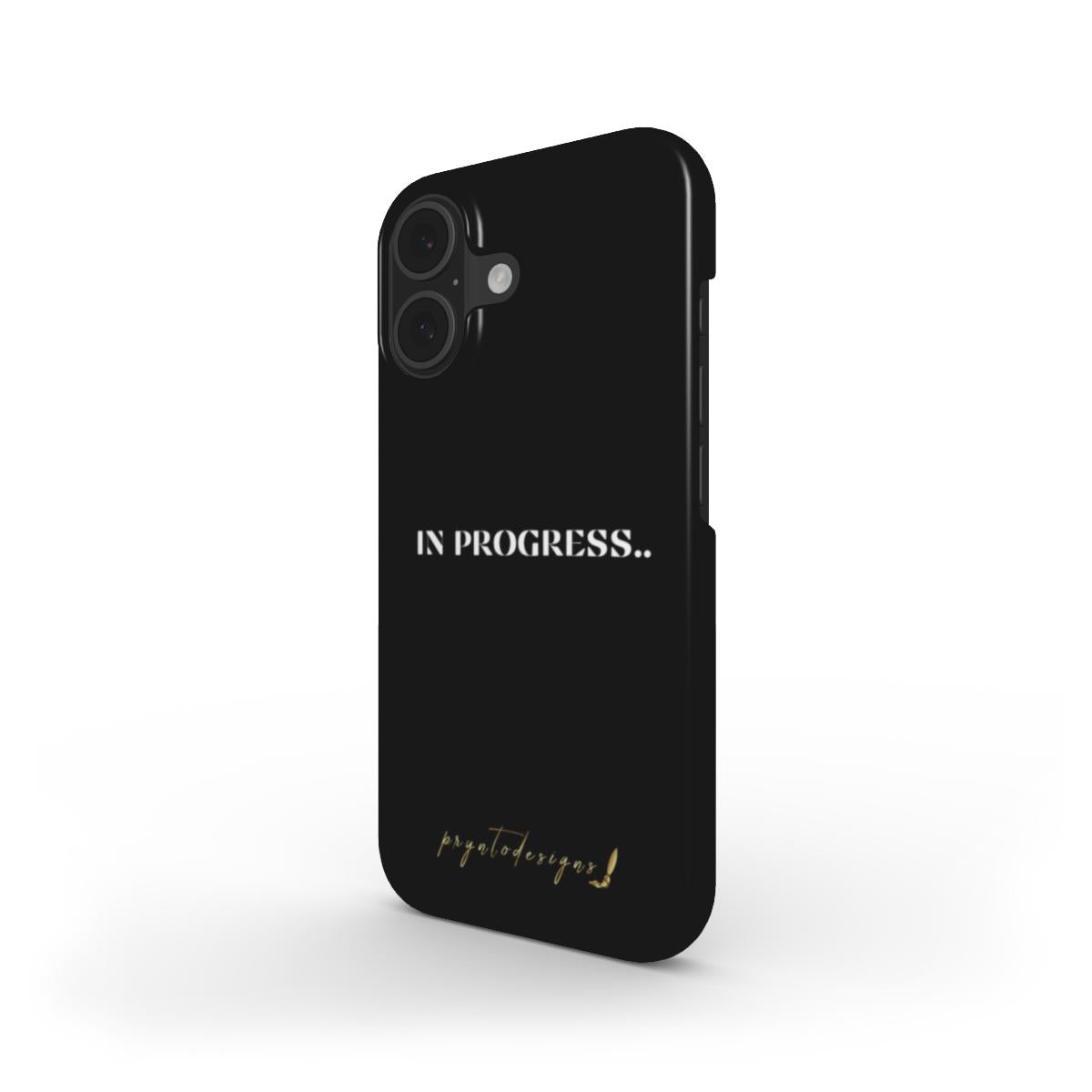 Black phone case with dual camera cutouts and 'In progress' text
