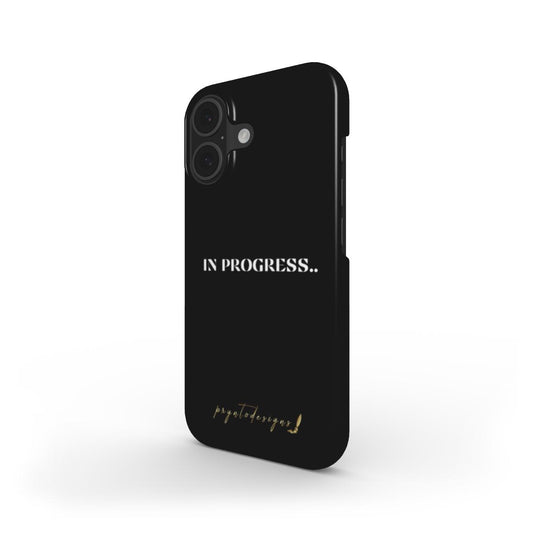 Black phone case with dual camera cutouts and 'In progress' text