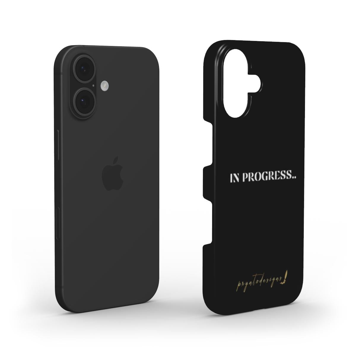 Black phone case with camera cutout and side view, 'In progress' text