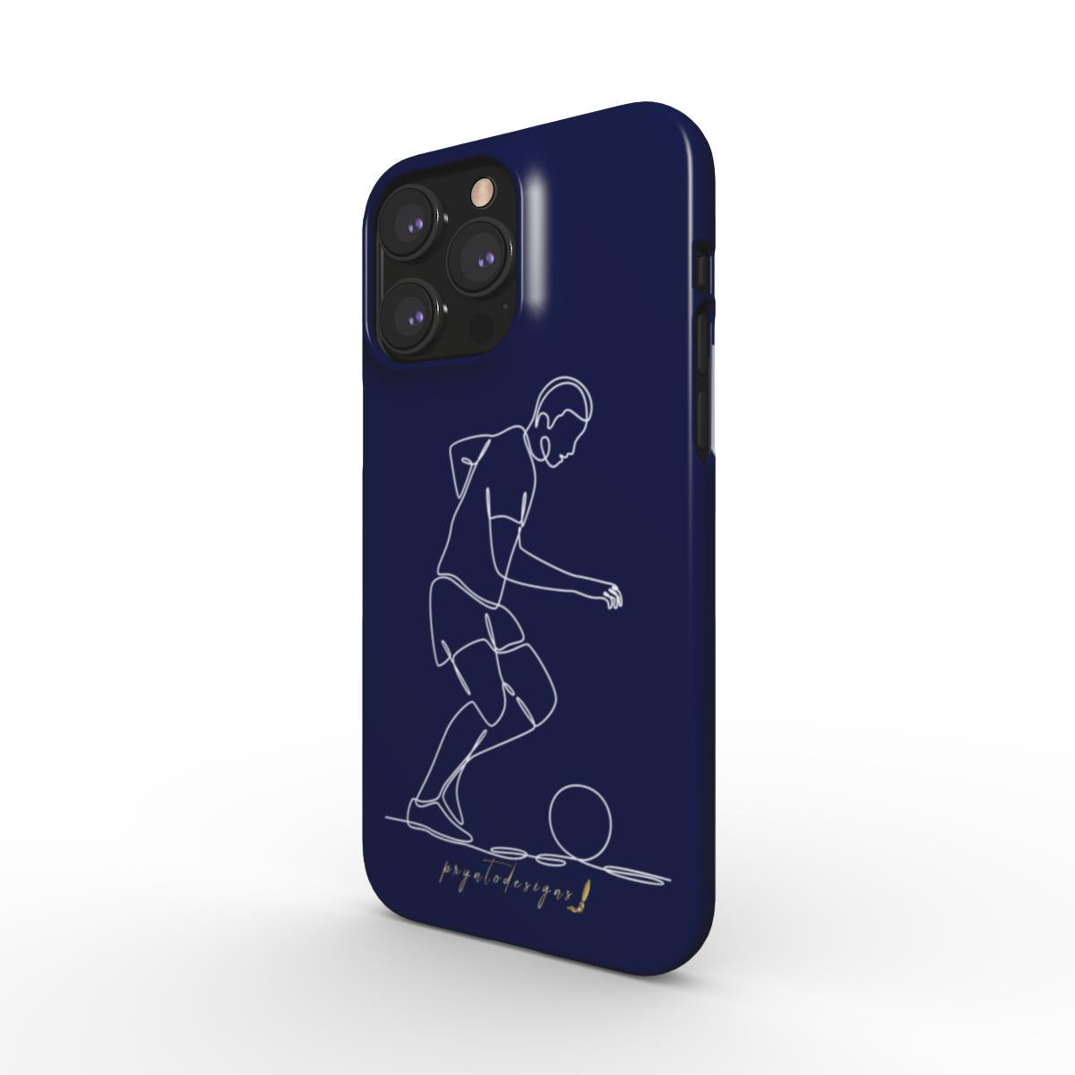 Navy phone case with white line-art football player and ball, angled view.