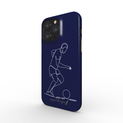 Navy phone case with white line-art football player and ball, angled view.