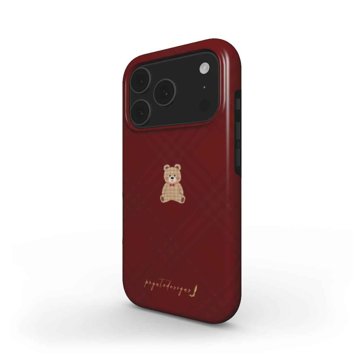 Dark red rugged bear phone case with teddy graphic on back and embossed text
