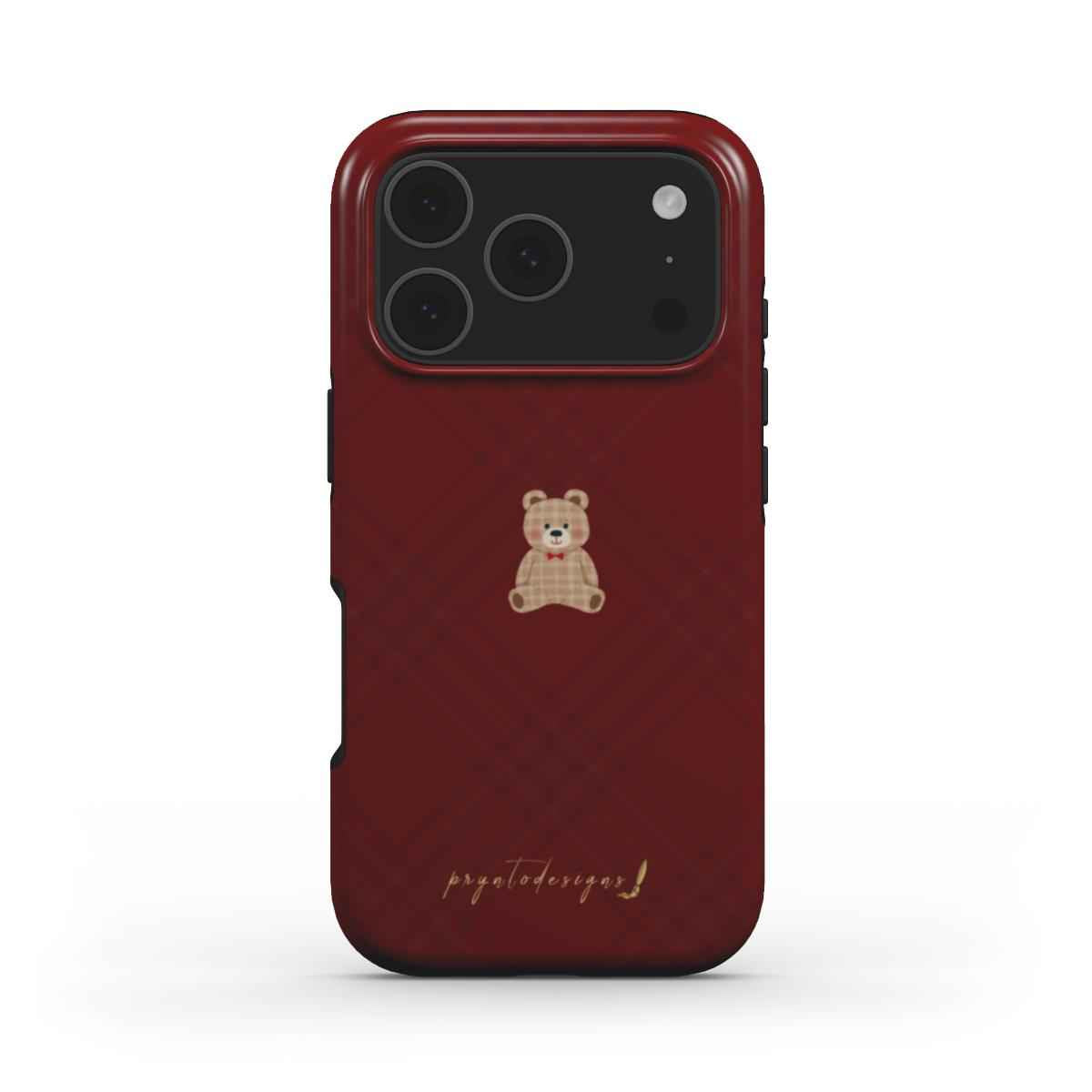 Dark red bear phone case with teddy graphic on back; camera lens cutouts visible