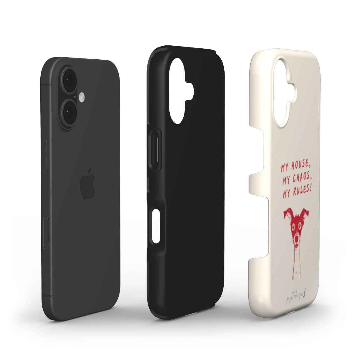 Dog lover phone case in black and cream with red dog rule graphic