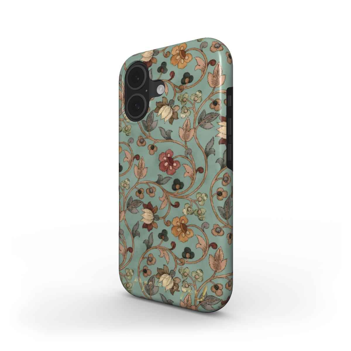 Floral phone case with teal background and brown-orange blossoms and leaves