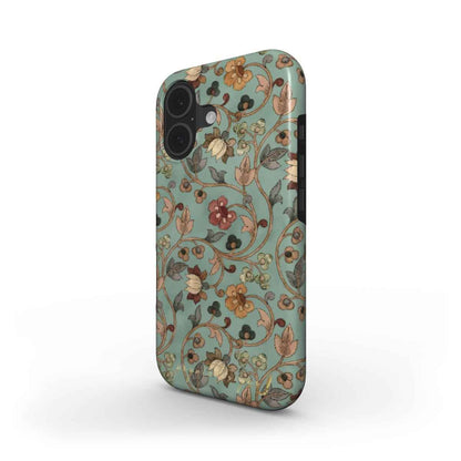 Floral phone case with teal background and brown-orange blossoms and leaves