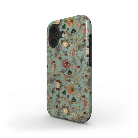 Floral phone case with mint background and multicolor botanical pattern, raised camera cutouts