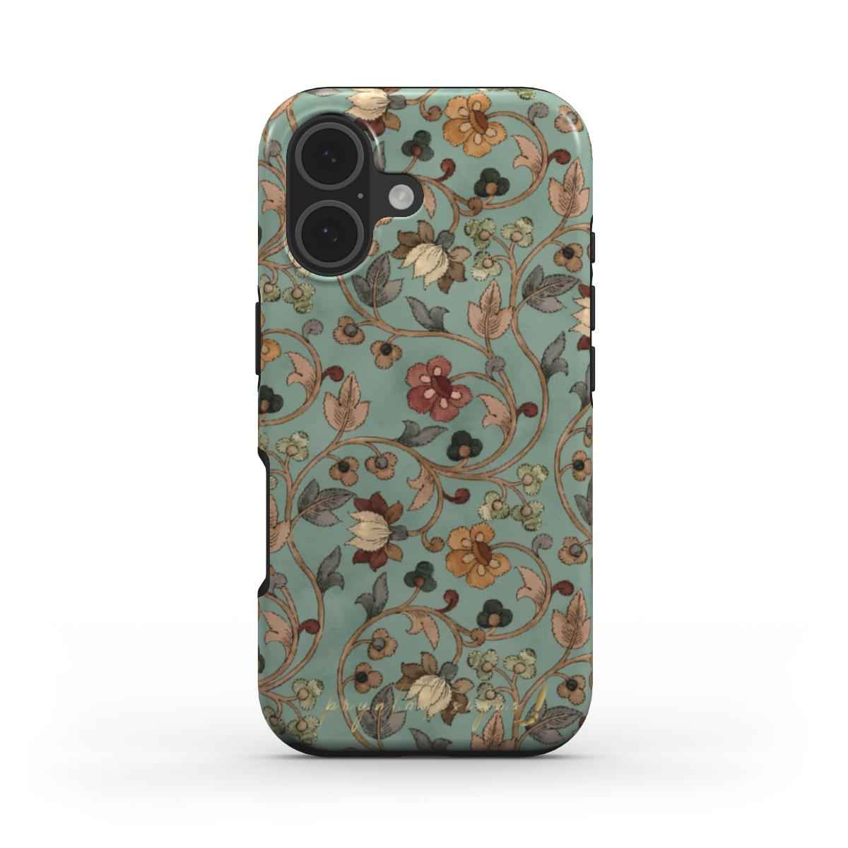 Teal floral phone case with camera cutouts and raised botanical pattern
