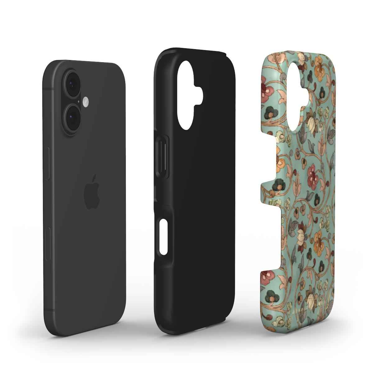 Floral phone case with teal botanical pattern and dual-layer sides