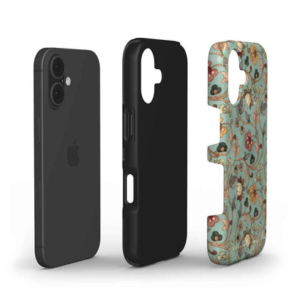 Floral phone case with teal botanical pattern and dual-layer sides