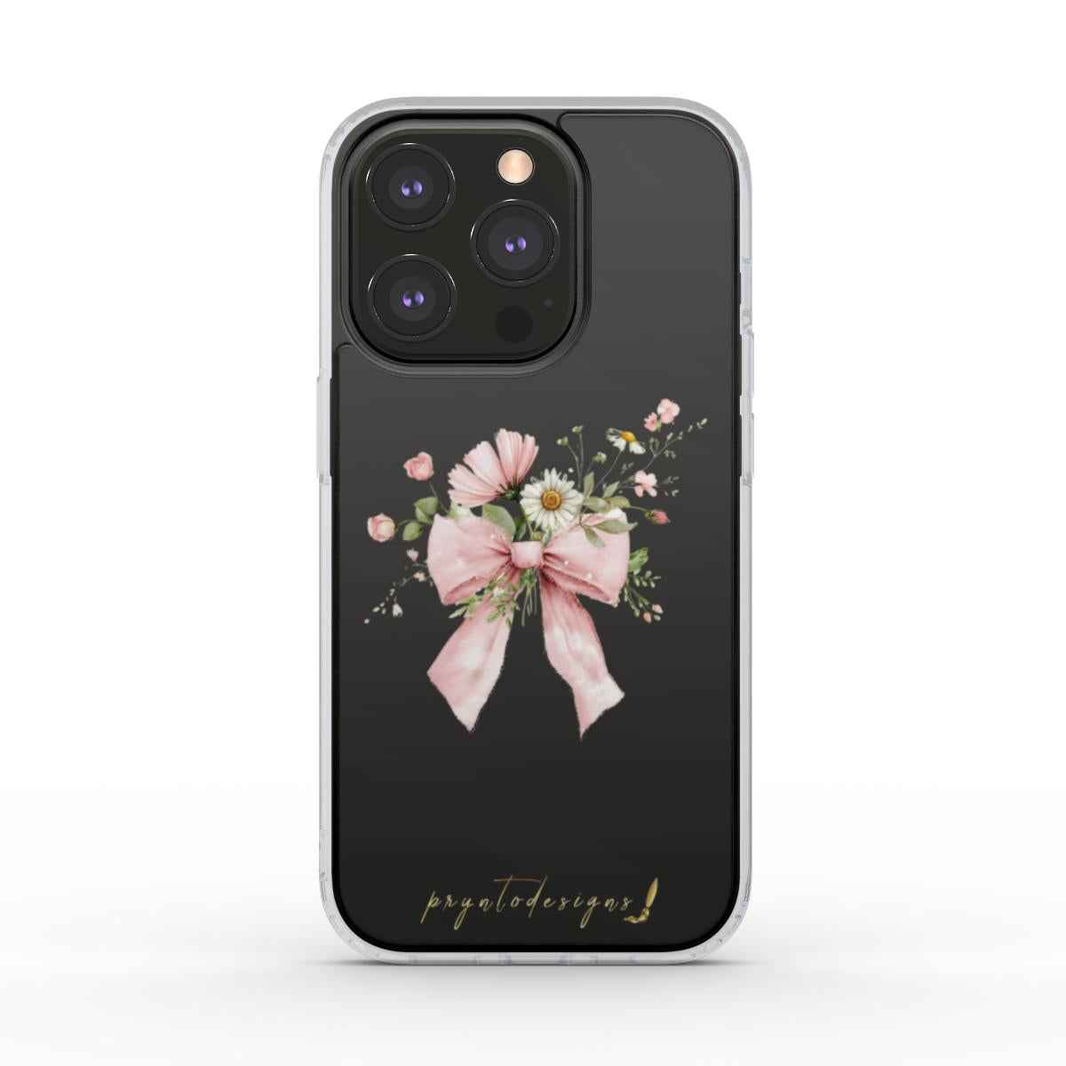 Clear phone case with centered pink floral bow and ribbon detail on dark backing
