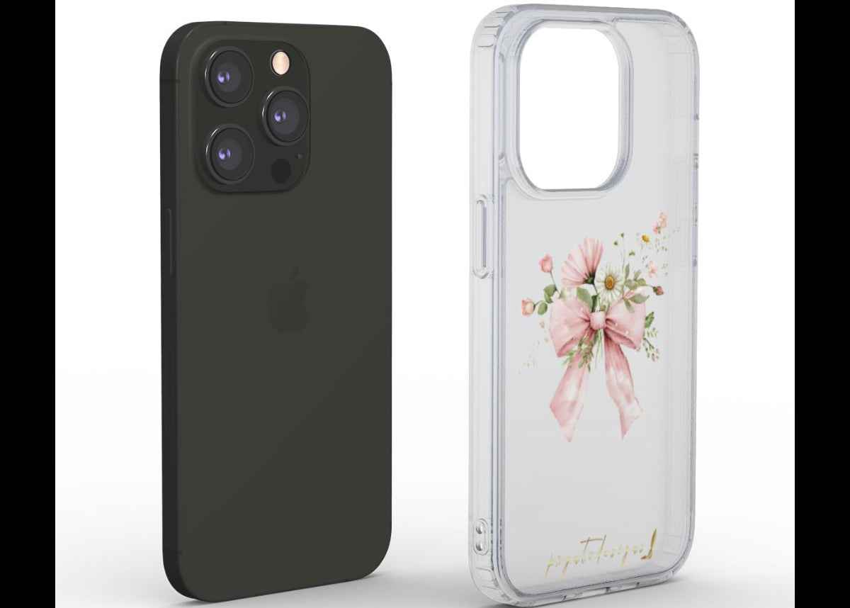 Transparent phone case with pink floral bow and ribbon design, raised camera cutouts