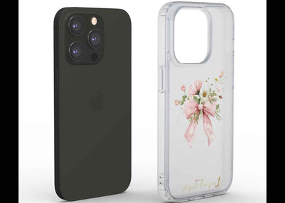 Transparent phone case with pink floral bow and ribbon design, raised camera cutouts