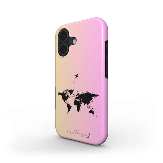 Pink dual-layer phone case with world map and airplane graphic, camera cutouts