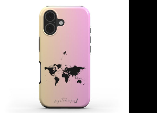 Pink dual-layer phone case with world map and airplane graphic, camera ports