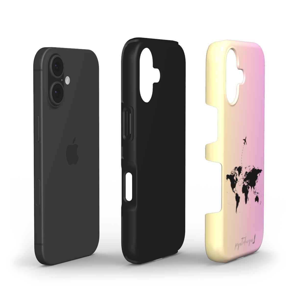 Black and pink travel phone cases, side cutouts, with world map graphic