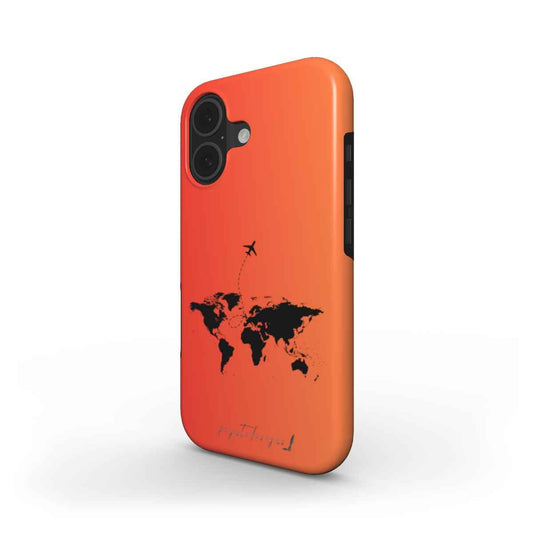 Red phone case with dual camera cutouts and world map travel design