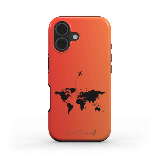 Red phone case with world map graphic and raised camera cutouts