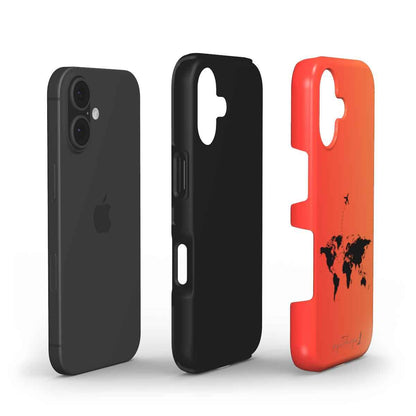 Phone cases in coral orange and dark colors, showing side and camera cutouts