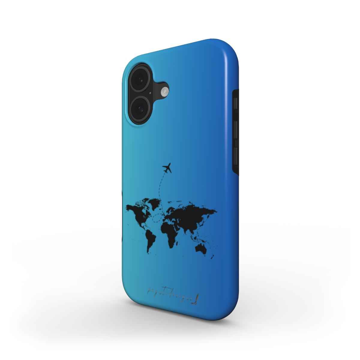 Blue dual-layer phone case with world map graphic and camera cutouts