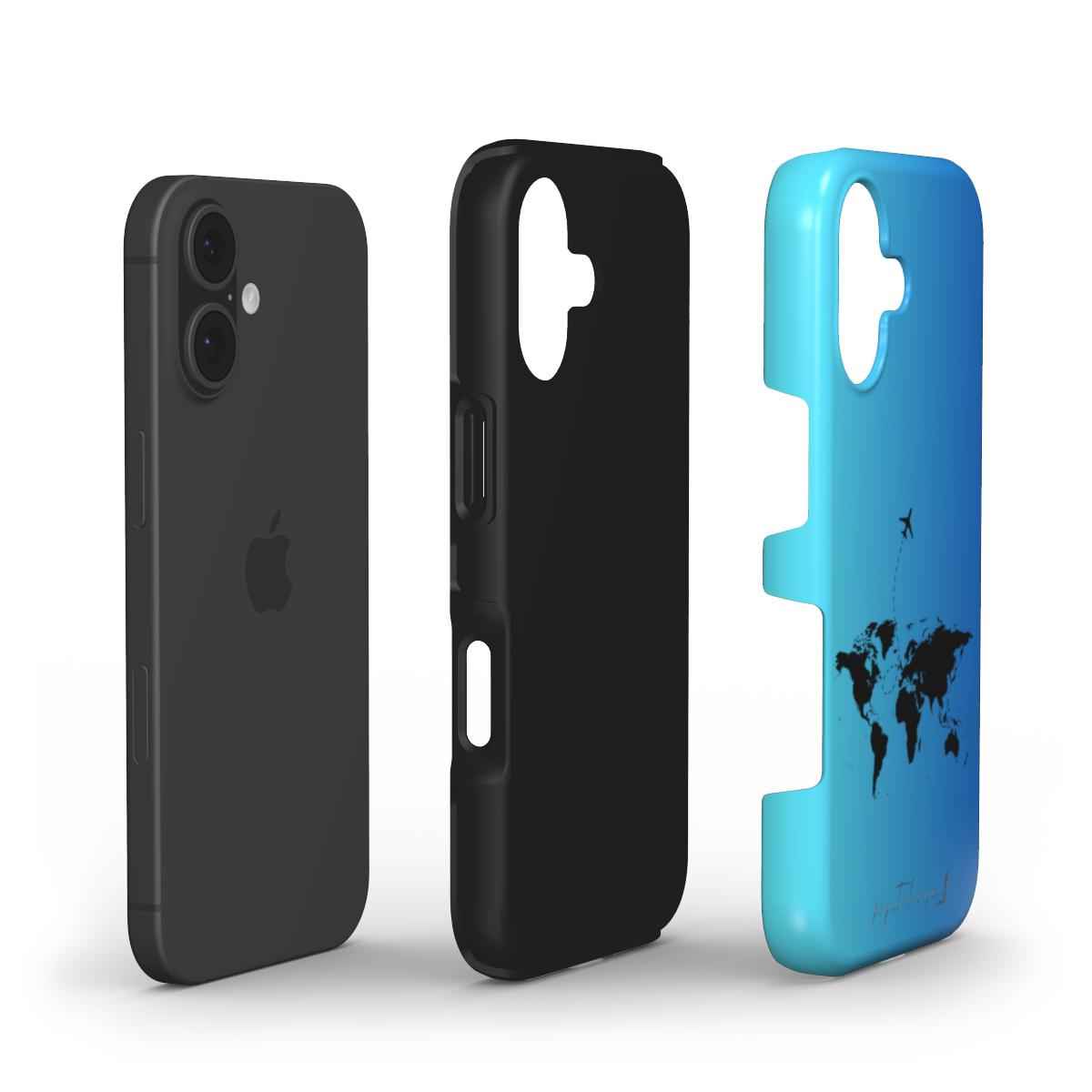 Dual-layer phone cases in black and blue, with camera cutouts and world map print