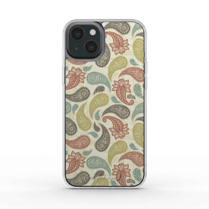 Clear slim phone case with paisley floral pattern and protective camera openings