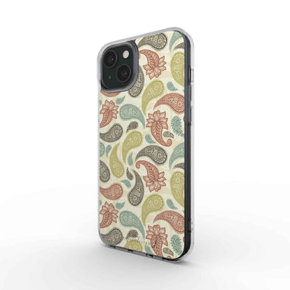 Clear slim phone case with paisley floral pattern, raised camera cutouts