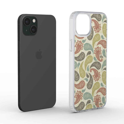 Transparent slim phone case with paisley floral pattern, side buttons visible
