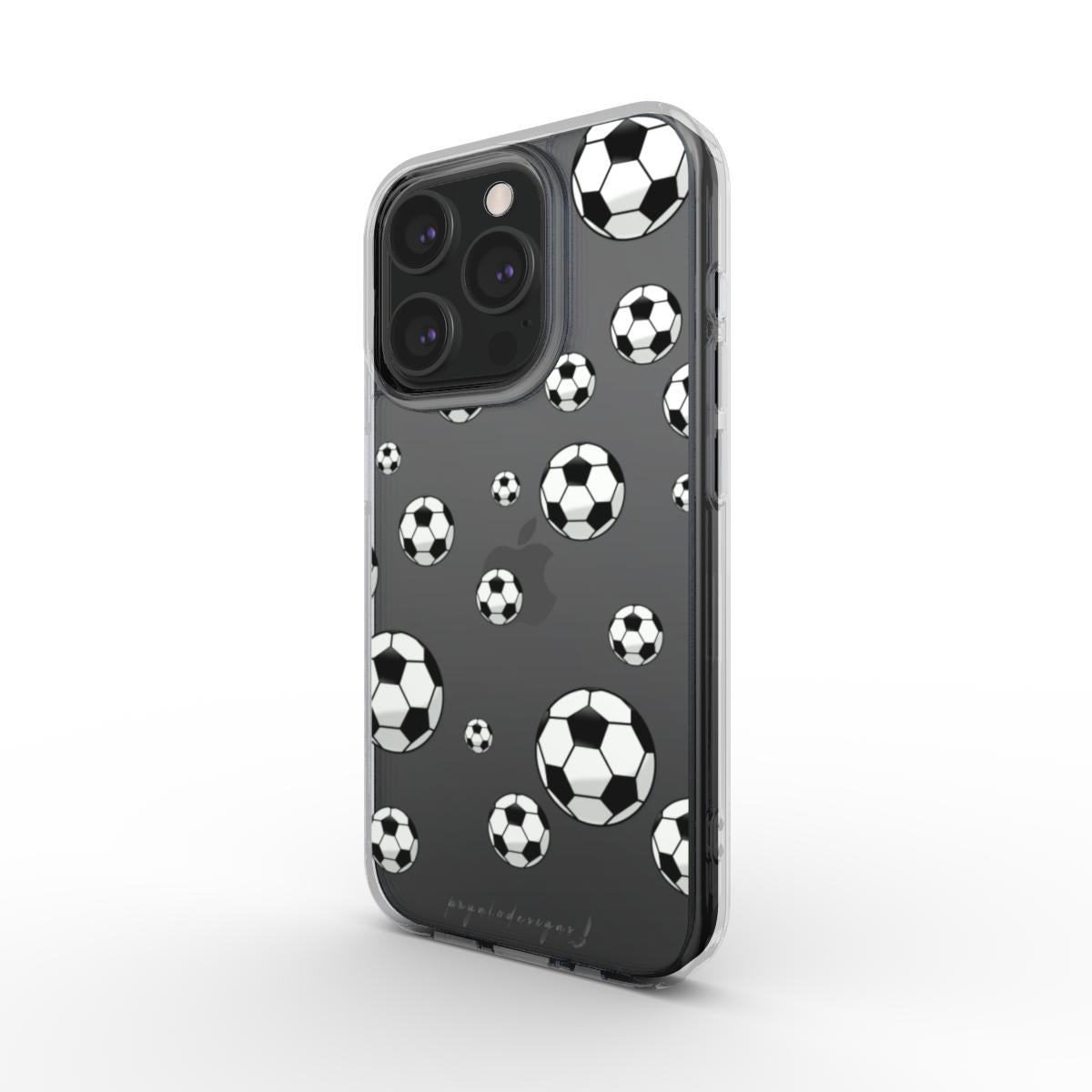 Phone case with black soccer-ball pattern and raised camera cutouts