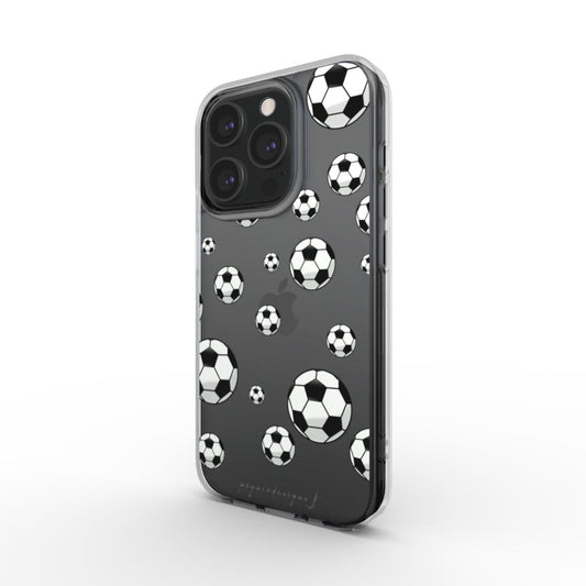 Phone case with black soccer-ball pattern and raised camera cutouts
