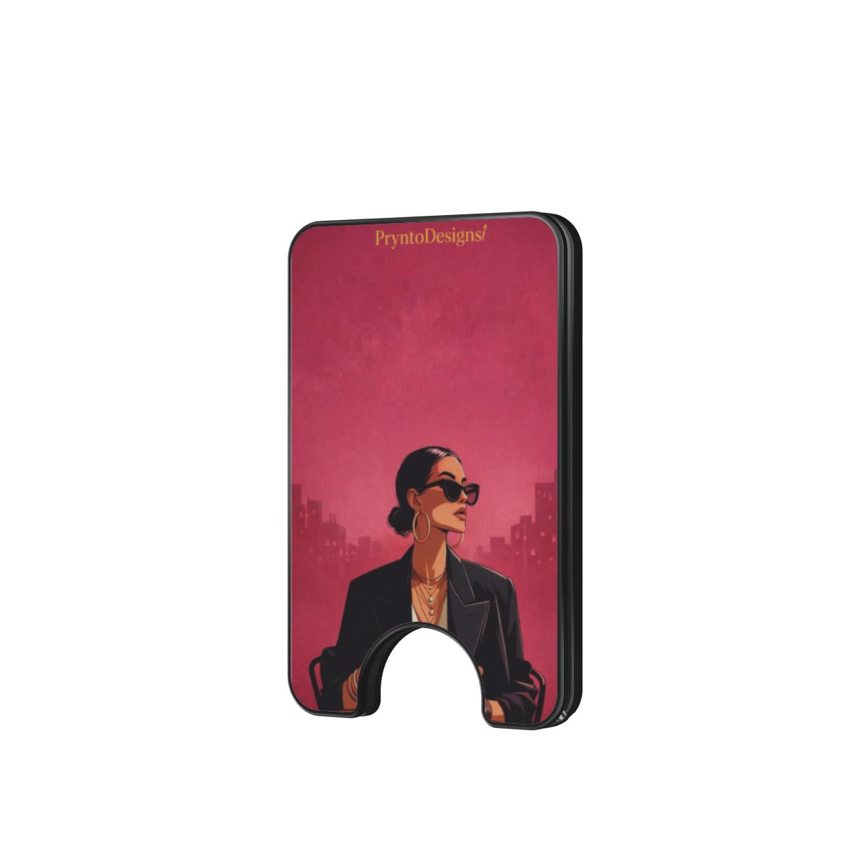 Magnetic card wallet with burgundy girl print and card slot cutout