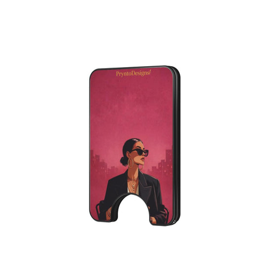 Magnetic card wallet with burgundy girl print and card slot cutout