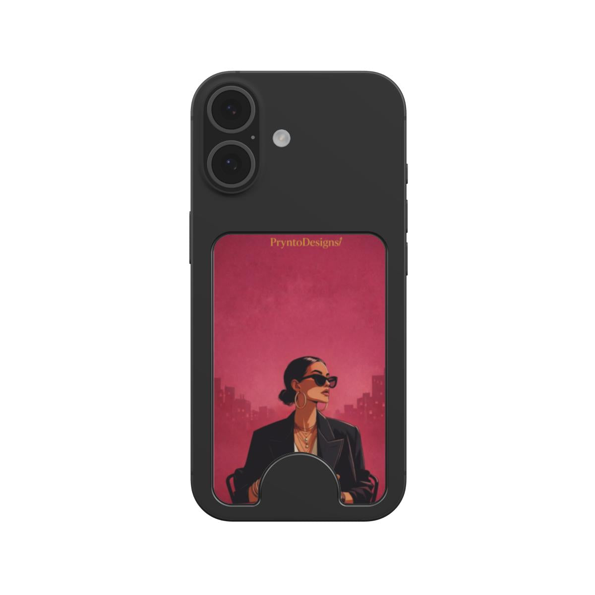 Magnetic card wallet panel with burgundy girl print on dark phone case