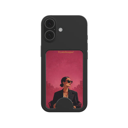Magnetic card wallet panel with burgundy girl print on dark phone case