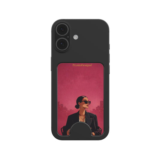Magnetic card wallet panel with burgundy girl print on dark phone case