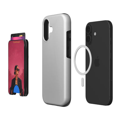 Slim magnetic card wallet with burgundy girl print, visible ring kickstand