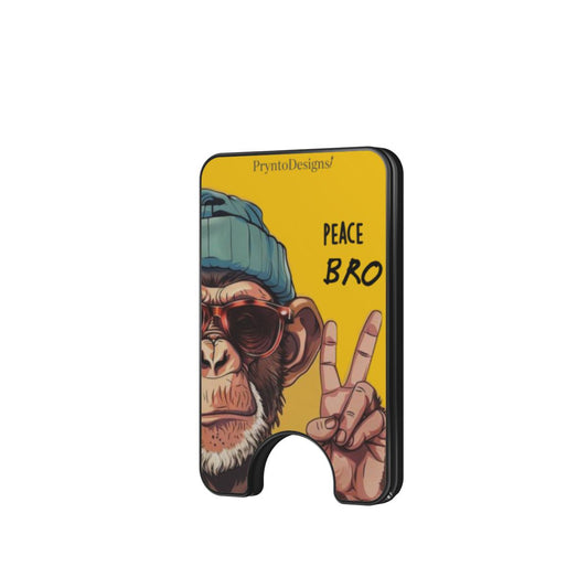 Magnetic phone wallet with kickstand by PryntoDesigns, yellow Peace Bro design
