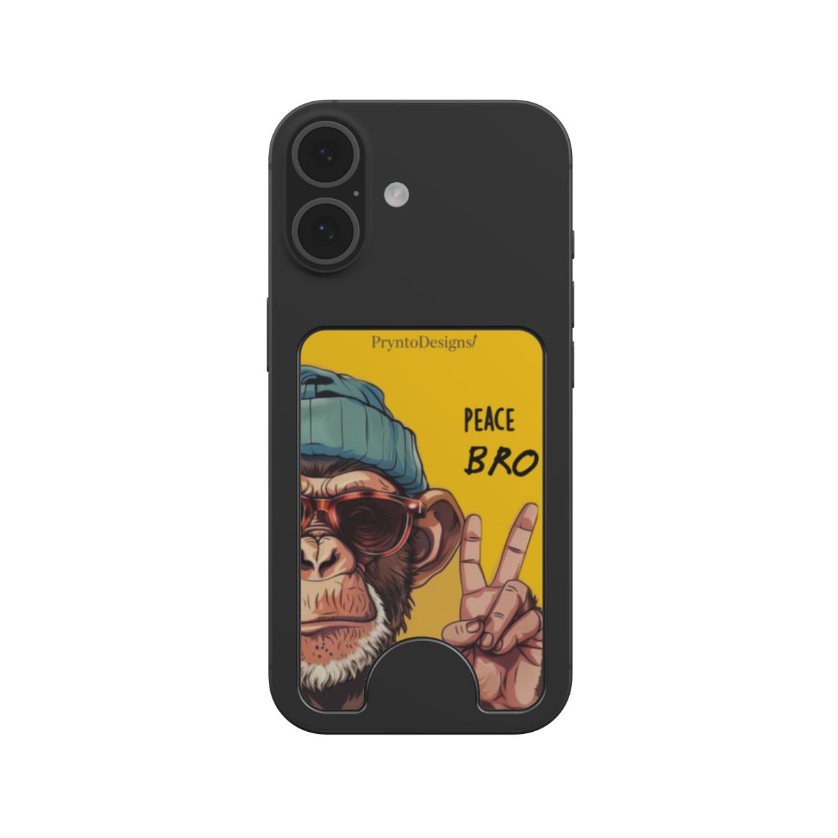 Magnetic phone wallet with kickstand on black phone back, yellow Peace Bro art