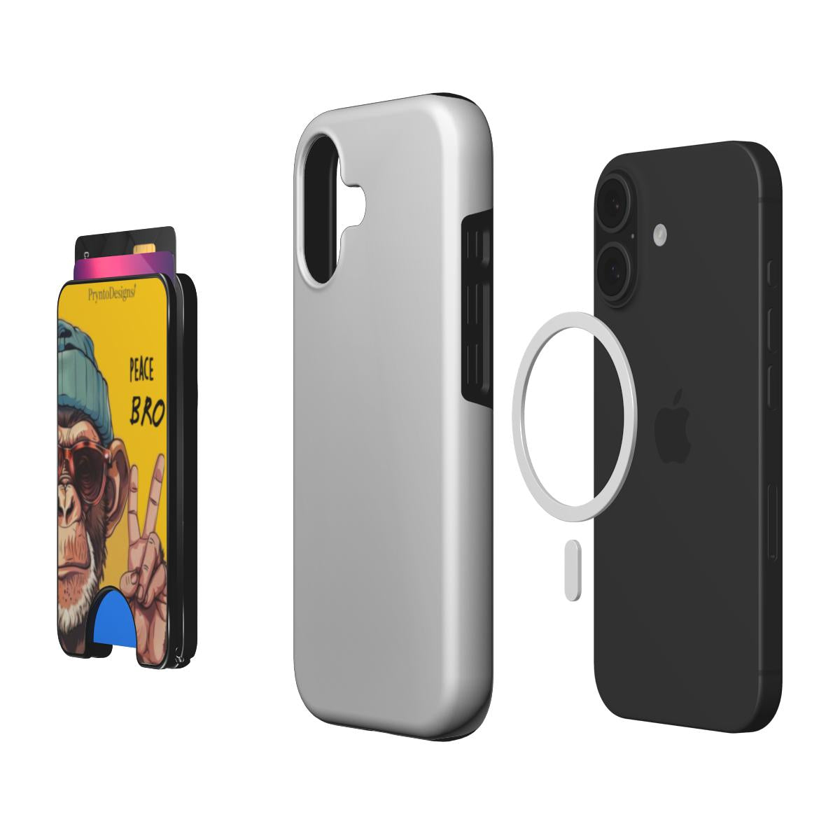 Magnetic phone wallet with kickstand ring, yellow Peace Bro design on phone