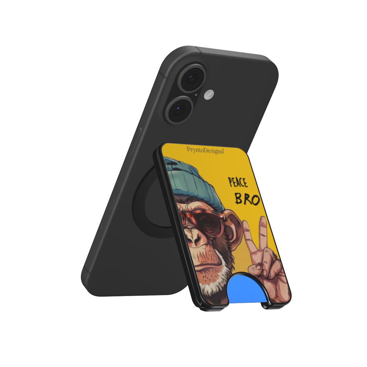Magnetic phone wallet with kickstand, yellow Peace Bro art on phone with blue stand